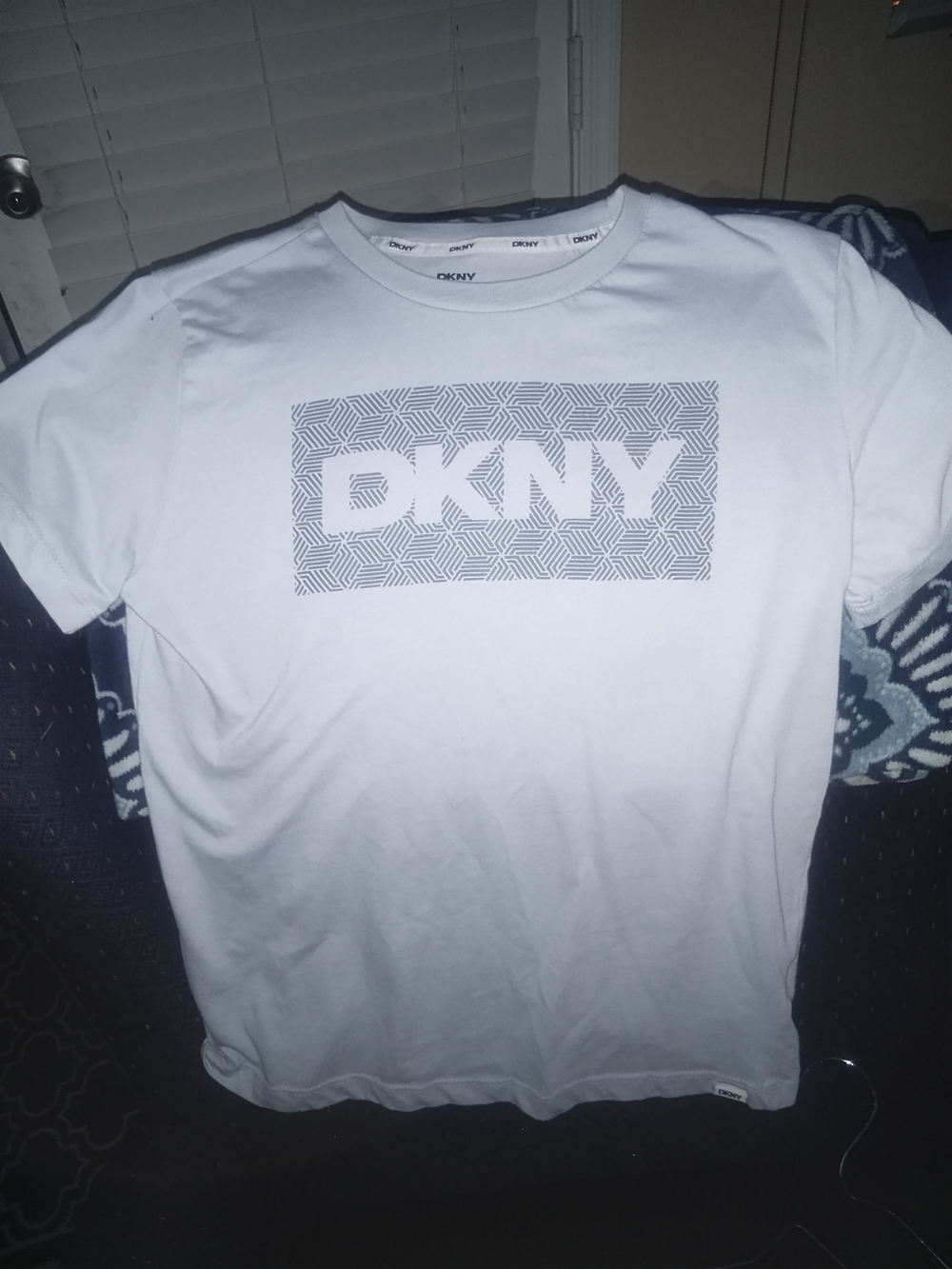 DKNY White Short-Sleeve Logo Tee with Geometric Print